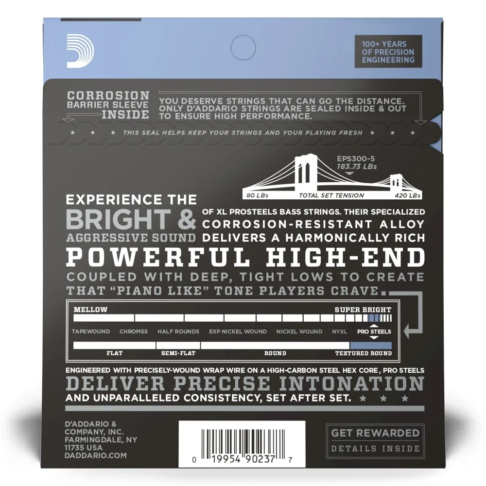 D'Addario - EPS300-5 ProSteels 5-String Bass, Custom Light, 43-127, Long Scale - Image 3