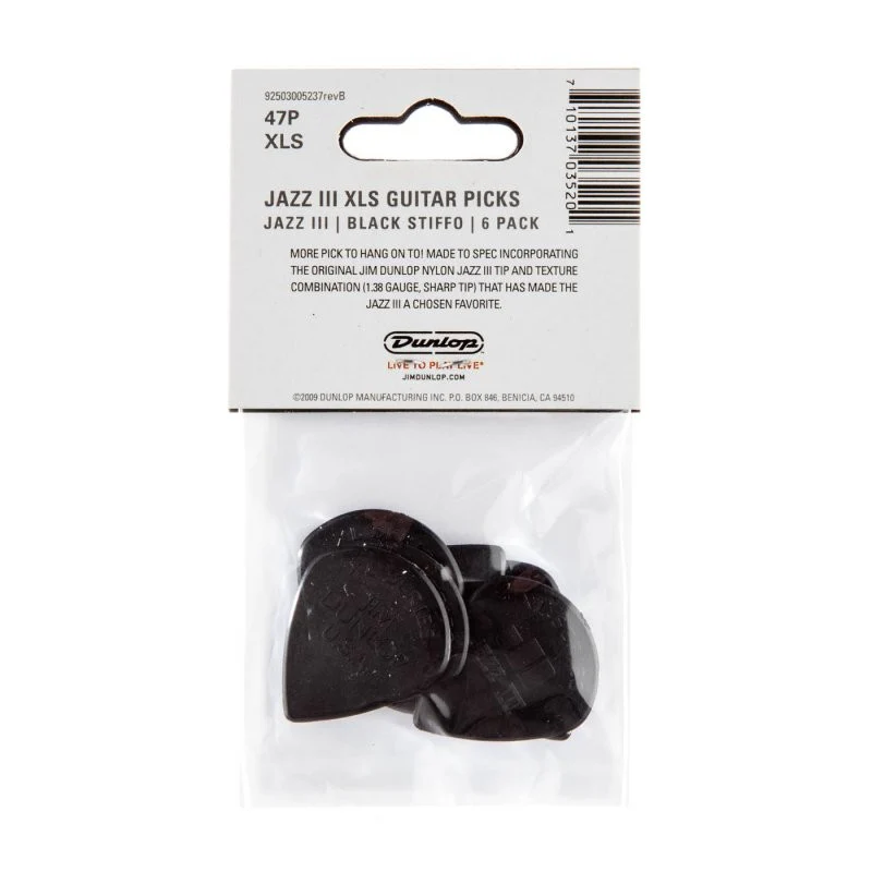 Dunlop - Black Stiffo Nylon Jazz III XL Guitar Pick (6/pack) - 47PXL-S - Image 2