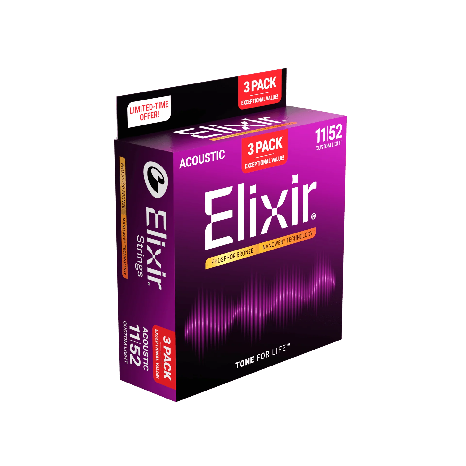 Elixir - 3-Pack Phosphor Bronze Acoustic Guitar Strings with NANOWEB Technology  11-52 - ACC16568 3PK PH Custom Light - Image 3