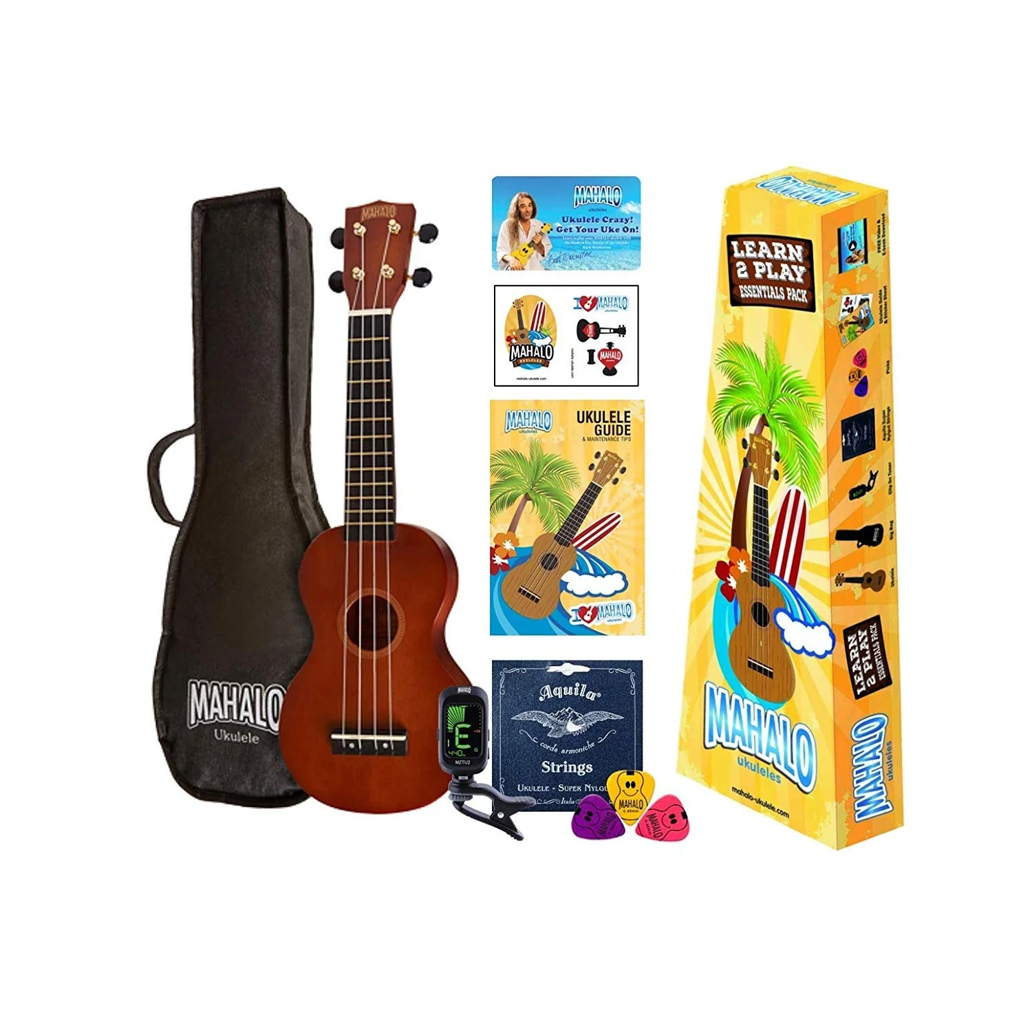 Mahalo - Rainbow Series Learn 2 Play Soprano Ukulele Pack - Transparent Brown - MR1-TBR-K